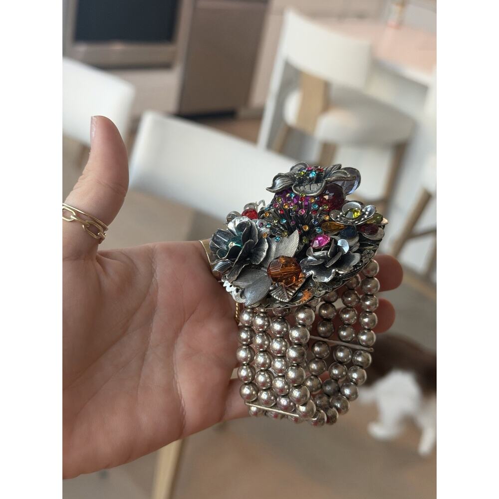Chunky Silver Tone Beaded Cuff Bracelet Multicolor Rhinestone Floral Bracelet